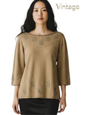 Vintage Joesph A. Metallic Gold Beaded Formal Evening Glam Top Size L